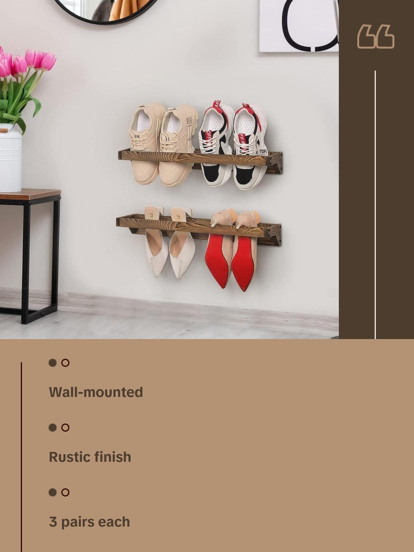 Burnt Wood Wall Mounted Shoe Storage Rack, Entryway Footwear Organizer Holder, Set of 2