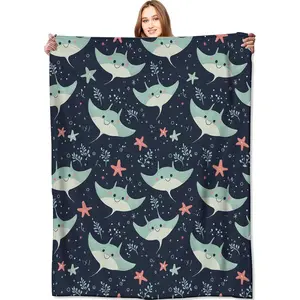 Smiling Stingray Blanket Starfish Dark Throw Blankets,Gifts for Kids Woman Girls,Lightweight Soft Flannel,Cute Playful Design,Ocean Lovers,for Sofa Couch Bed Room Modern Decor