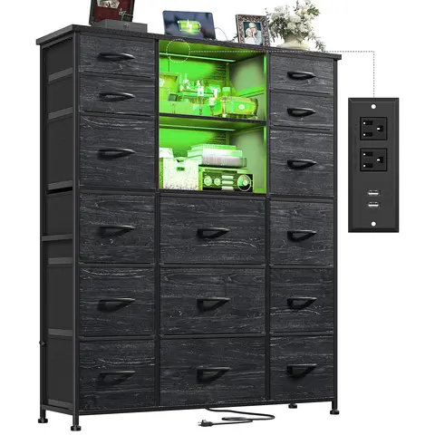 【Stock Up】Raybee 15 Fabric Drawers Storage Bins, Tall Dresser with LED Lights & 4 Charging station for Bedroom, 51''H Modern Storage Organizer for Living room,Closet,Entryway,Easy assembly#Apartment & Dorm Storage Solution,Armario de almacenamiento ligero