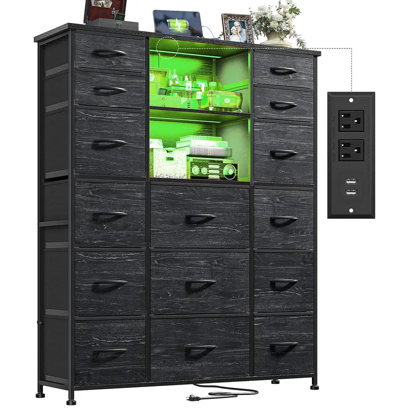 【Stock Up】Raybee 15 Fabric Drawers Storage Bins, Tall Dresser with LED Lights & 4 Charging station for Bedroom, 51''H Modern Storage Organizer for Living room,Closet,Entryway,Easy assembly#Apartment & Dorm Storage Solution,Armario de almacenamiento ligero