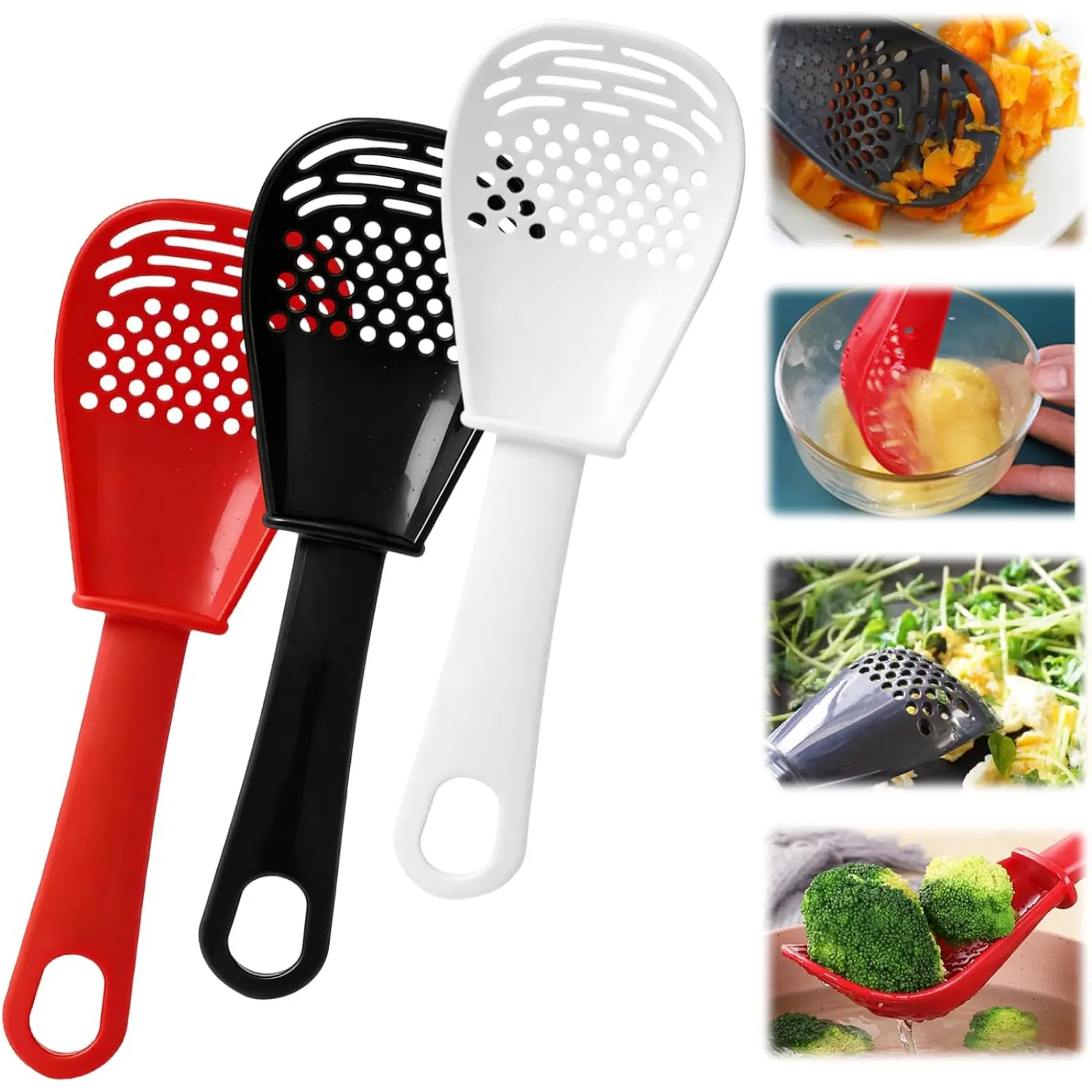 Multifunctional Kitchen Cooking Spoon Heat Resistant Slotted Food Grade Utensils for Draining Mashing Grating Separating in Black Red White