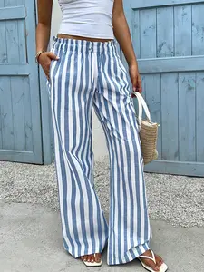 Women's Comfortable Casual Wide Leg Striped Pants Set, Homewear, Simple Fashion Daily Wear, High Waist Loose Fit, Womenswear, Clothes