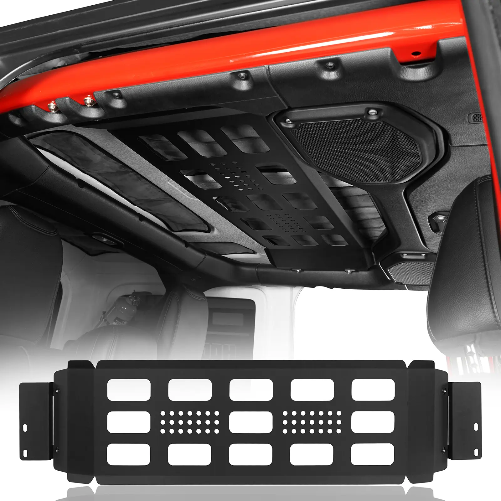 Hooke Road Rear Overhead MOLLE Panel for 2018-2026 Jeep Wrangler JL 4-Door (Excluding Soft Top), 14-Gauge Steel, 31.5" L x 13.6" W, 2 Mounting Brackets, Customizable Setup, Simple Bolt-On Installation, Magnetic Item Compatibility, Installation Instruction