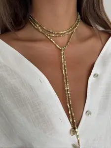 1pc Luxury Sparkling CZ Faux Pearl Beaded Long Necklace, Personalized Metal Disc Tassel Pendant Necklace For Women, Suitable For Parties, Gifts, And Daily Wear (Color And Texture As Per Actual Item)