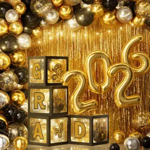 2026 Graduation Decorations 86 PCS Graduation Party Decor Supplies Set Includes LED Light Strings Balloon Block Boxes with Letters Foil Curtains Backdrop 2026 Balloon Garland Kit Black Gold