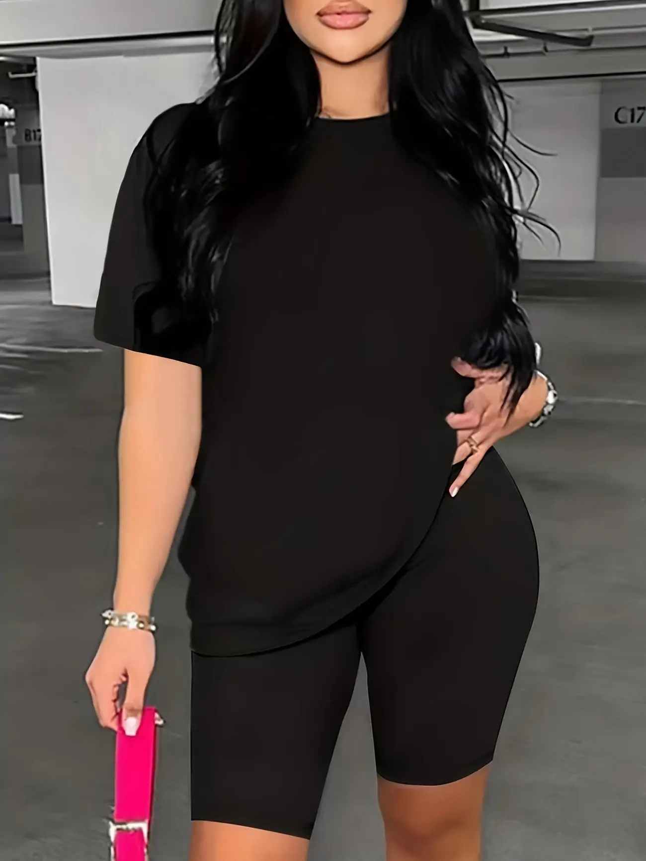 Plus Size 2-Piece Set Women's Crewneck Short Sleeve Top & Shorts Solid Color Breathable Casual Sportswear Suits Lightweight Compression Activewear Yoga Tracksuit Set Workout Set