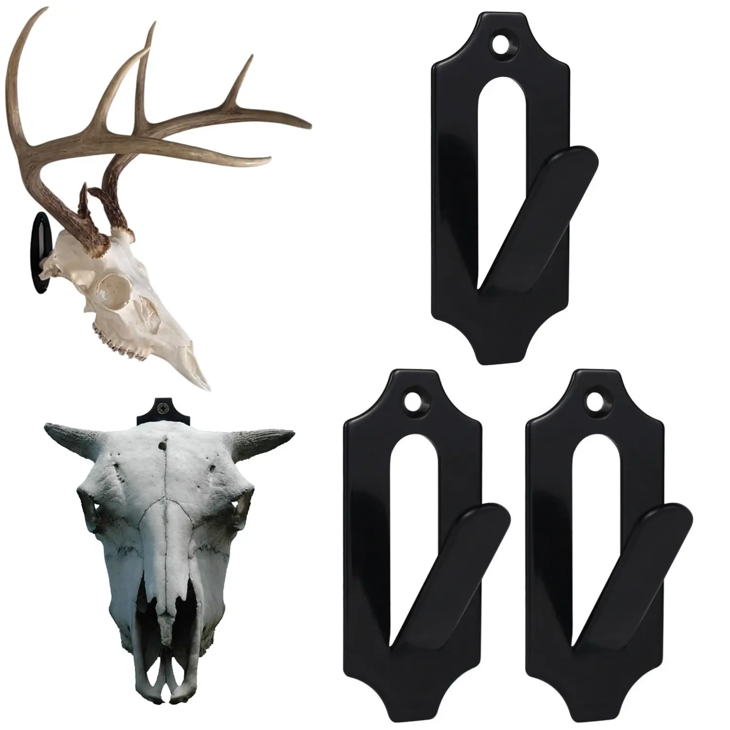 Black Stainless Steel Deer Skull Mount Hanger Tool (3/6/9-Pack), Heavy Duty Durable Euro Wall Hook for Deer Head, Pronghorn & Smaller Animals, Easy Installation Kit Included for Indoor Home Improvement Decoration