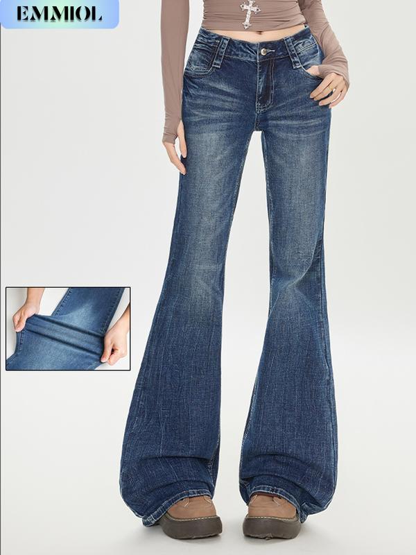 EMMIOL Women’s Y2K Vintage Denim Flare Jeans – Stretch Wide Leg Mid-Low Waist Casual Bootcut Jeans Outfit For Trendy Streetwear