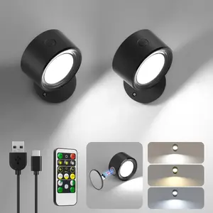 LED Wall Mounted Lights 2 count with Remote, Wall Sconces Lamp 3000mAh Rechargeable  Operated, 3 Color Temperatures & Dimmable  360? Rotation Cordless Light for Bedroom Bedside
