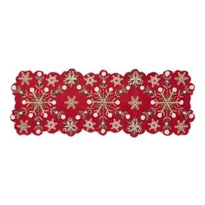 Red Snowflake Embroidered Beaded Table Runner, Xmas Table Runner, Seasonal Winter Holiday Kitchen Dining Table Decoration for Indoor Outdoor Home Party Decor
