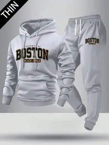 Men's spring and autumn thin Boston letter pattern print hoodie and sweatpants set, stylish casual men's pocket street sports jogger pants with elastic waistband and drawstring, two-piece gift for cool weather