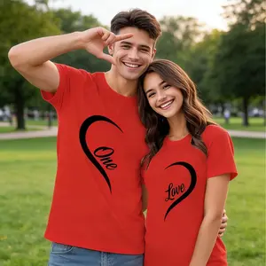 (Single Pack)Matching Couple's Short Sleeve T-Shirt - Round Neck Casual Summer Top with Male/Female Icons (Love Heart & Double Shoulder Line Design) - Machine Washable Spring Summer Matching Outfits Compatible for