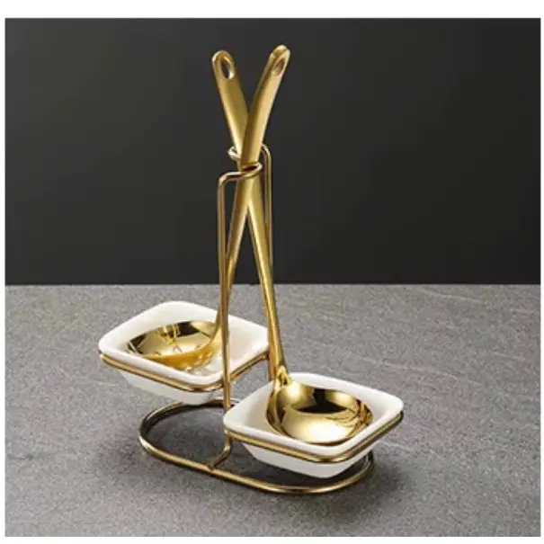 Double Golden-Silver Spoon Set with Stand, Hot Pot Soup Spoon Ladle