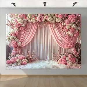 Flower & Curtain Pattern Wedding Themed Backdrop, 1 Count Romantic Wedding Party Decoration Banner, Wall Decor for Home Living Room Bedroom, Ornaments, Photo Backdrops