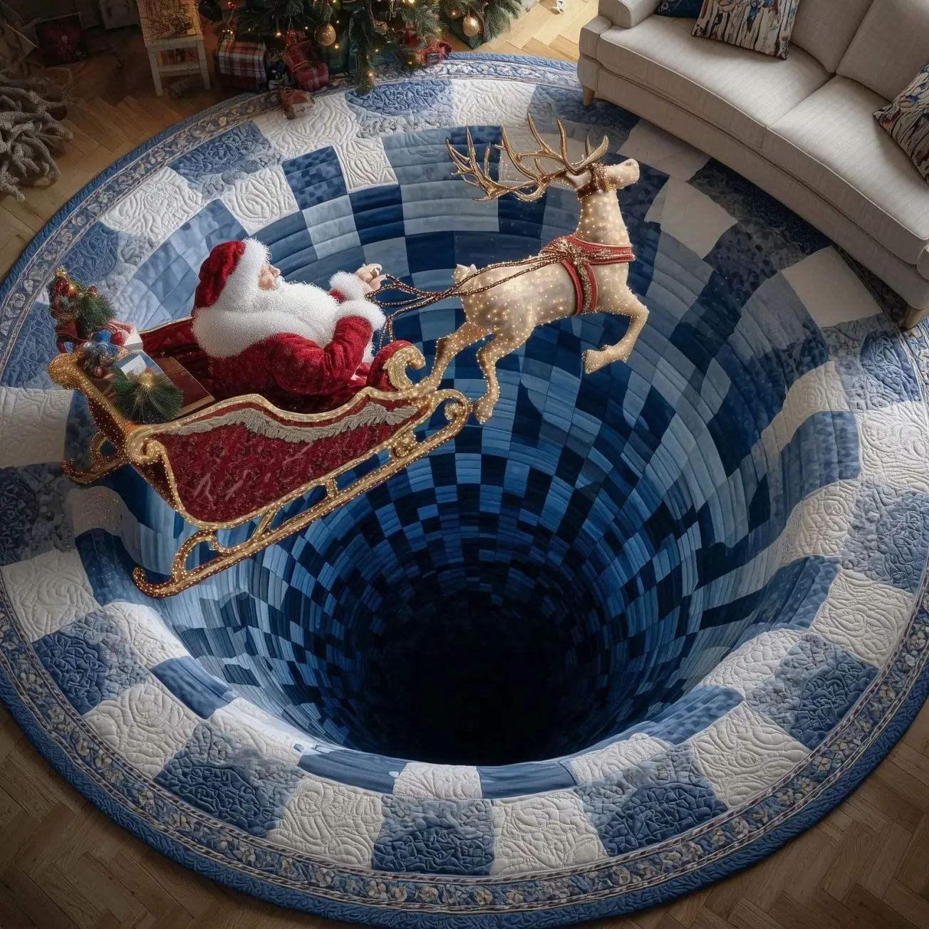 Santa Journey Christmas Round Mat Rug - Non-Slip Washable Round Area Rug for Bedroom & Living Room (Design 7)