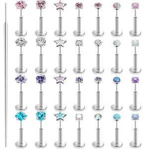 28PCS 20G Threadless Nose Rings Studs Flat Back Earrings Surgical Stainless Steel Opal Nose Rings Stud Tragus Helix Conch Cartilage Earrings Piercing Jewelry For Women Men Hypoallergenic ﻿