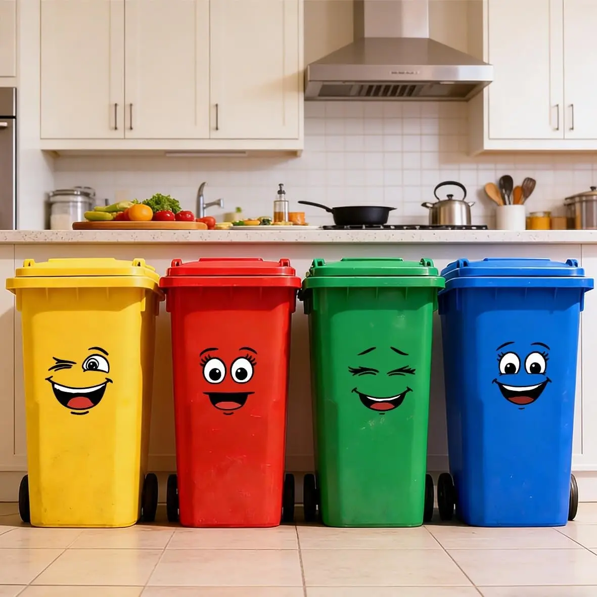 4 Pcs Funny Trash Garbage Can Stickers Cute Toilet Lid Decal Adhesive Cartoon Expressions Wheelie Bin Sticker for Kitchen Fridge Bucket Decorative Indoor Outdoor (Smile)