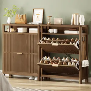 AOGLLATI Shoe Cabinet Storage,Narrow Fluted Shoe Rack Cabinet with 2 Flip Drawers, Wooden Freestanding Organizer with Open Storage Space for Entryway