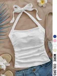 Women's Solid Crop Tank Top, Casual Basic Sleeveless Top for Summer Beach, Ladies Clothes for Daily Wear, Vest, Summer Clothing, Minimalist Breathable Sleeveless Top, Halter Neck Crop Womenswear, Halterneck Sleeveless