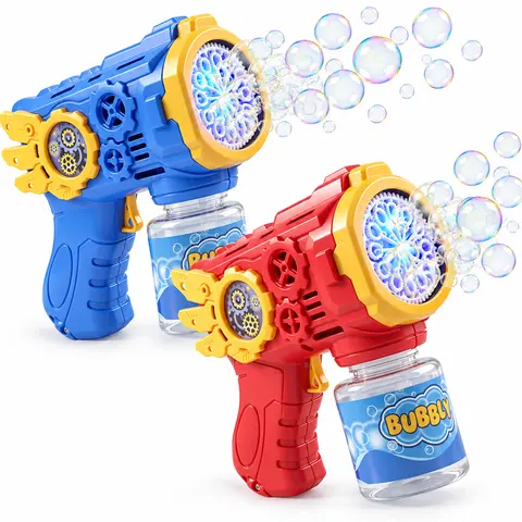 2 Pack Handheld Bubble Blaster for Kids with LED Lights, Automatic Bubble Machine Toy for Outdoor Play, Red and Blue