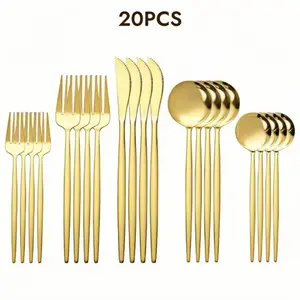 20-Piece Satin Finish Stainless Steel Tableware Set - Fancy Gold Cutlery, Forks Spoons and Knives, Service for 4, Dishwasher Safe Metal Utensils, Kitchen Dining Utensils for Home Use