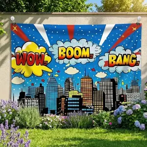 1pc  Cityscape Photography Backdrop - American Comics Style Bold "WOW! BOOM! BANG!" Text, Vibrant Cityscape & Starry Sky Design, Durable Polyester Fabric for Birthday Parties, Photo Booths, Studio Props, Indoor/Outdoor Decor, Superhero Decor, Photo Booth