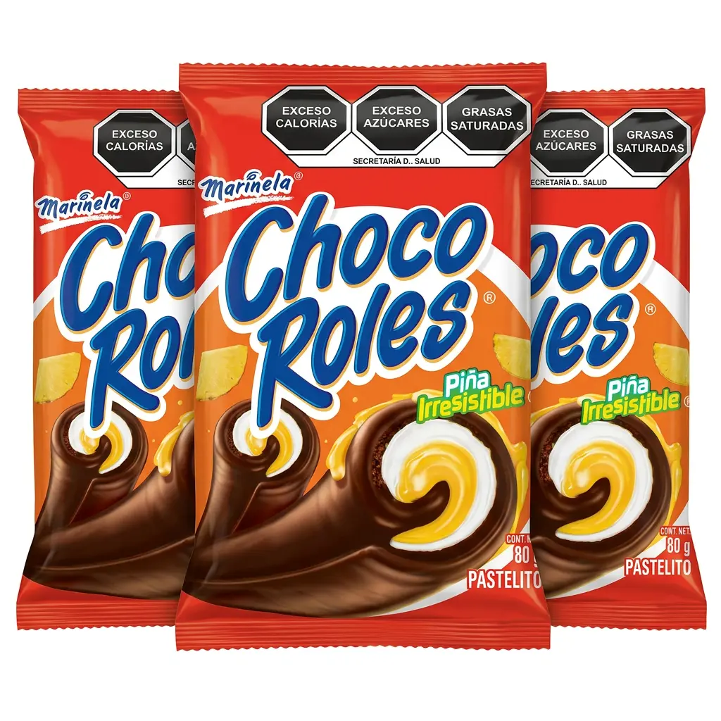 Marinela Choco Roles Pineapple Flavor - 3 Pack | Soft Chocolate Cake Rolls with Creamy Pineapple Filling
