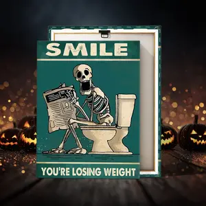 1 Count Halloween Wooden Framed Canvas, Halloween Skeleton, Bathroom Decoration, Halloween Decorative Poster, Horror Party Hanging Picture, Modern Art Home Decoration, Poster, Waterproof, Artistic, Wall Art, Spooky