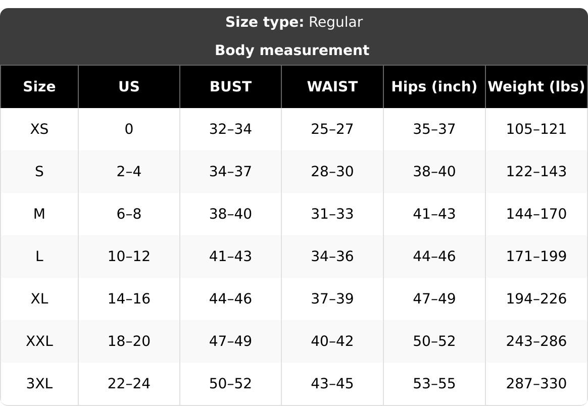Detailed XS to 3XL bodysuit measurement chart