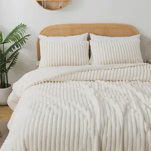 Faux Fur King Size Comforter Set 3 Pieces – Soft White Comforter Full Size, Vertical Striped Faux Fur Fuzzy Warm Bedding Set(1 Comforter and 2 Pillowcases)