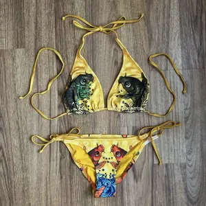 Vintage Y2K Yellow Koi Fish String Triangle Bikini Set – All-Over Print Swimwear For Women