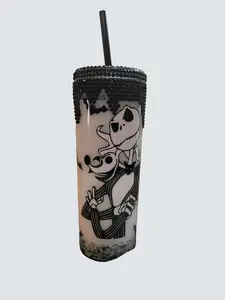 Black and white Halloween Rhinestone Snowglobe Tumbler tumblers Bottle Drinkware Reusable Washable Cup Mug
