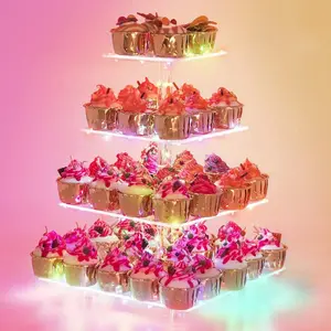 Cupcake Stand – Premium Holder Acrylic Tower Display Cady Bar Party Décor 4 Tier for Pastry + LED Light String Ideal Weddings, Birthday(Colorful light)