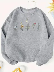 Women's Floral Embroidery Crew Neck Fabric Sweatshirt, Casual Long Sleeve Pullover for Fall & Winter, Women's Clothes for Daily Wear
