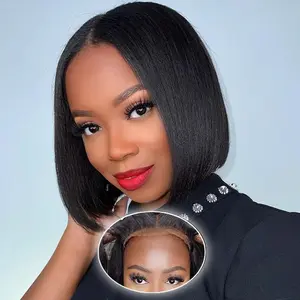 Straight Wear and Go Blunt Cut Bob Wig Human Hair Glueless Wigs Human Hair Pre Plucked Pre Cut Short Swiss HD Lace Closure Wigs For Black Women 4x4 Bob Cut Natural Black
