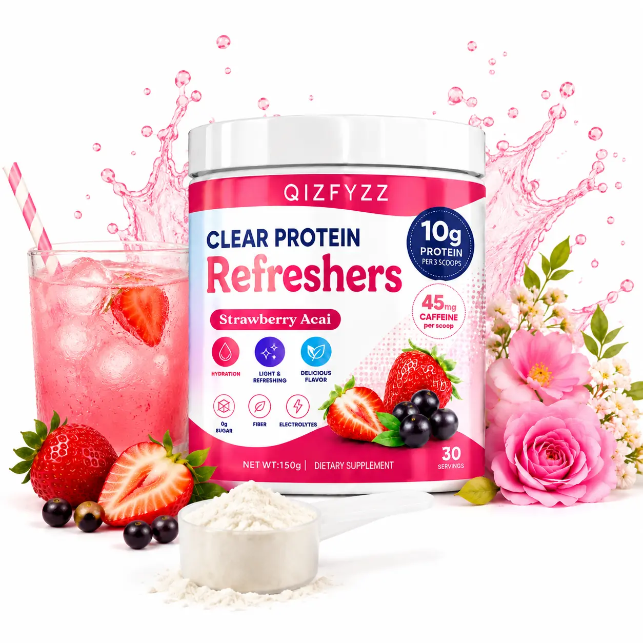 Strawberry Açaí & Peach Flavored Clear Whey Protein Drink | 45mg Caffeine | Zero Sugar | Electrolytes + Dietary Fiber | 100% Natural Flavors | No Artificial Colors or Sweeteners