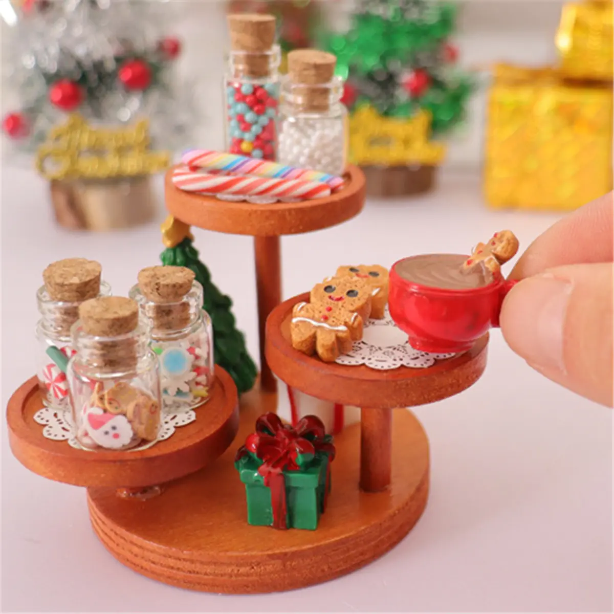 Festive 17pcs Dollhouse Decor Set - Colorful Drink-Glass Bottles, Candies, Gingerbread Men, Christmas Trees, Lollipops - BJD Props for Boys - Holiday Cheer Doll House & Playset Decorations