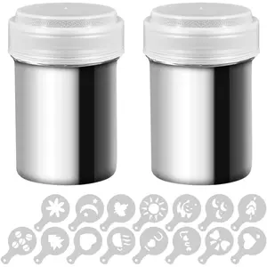 2 Stainless Steel Powder Shakers, Mesh Shaker Powder Cans for Coffee Cocoa Cinnamon Powder with Lid, with 16 pcs Printing Molds Stencils