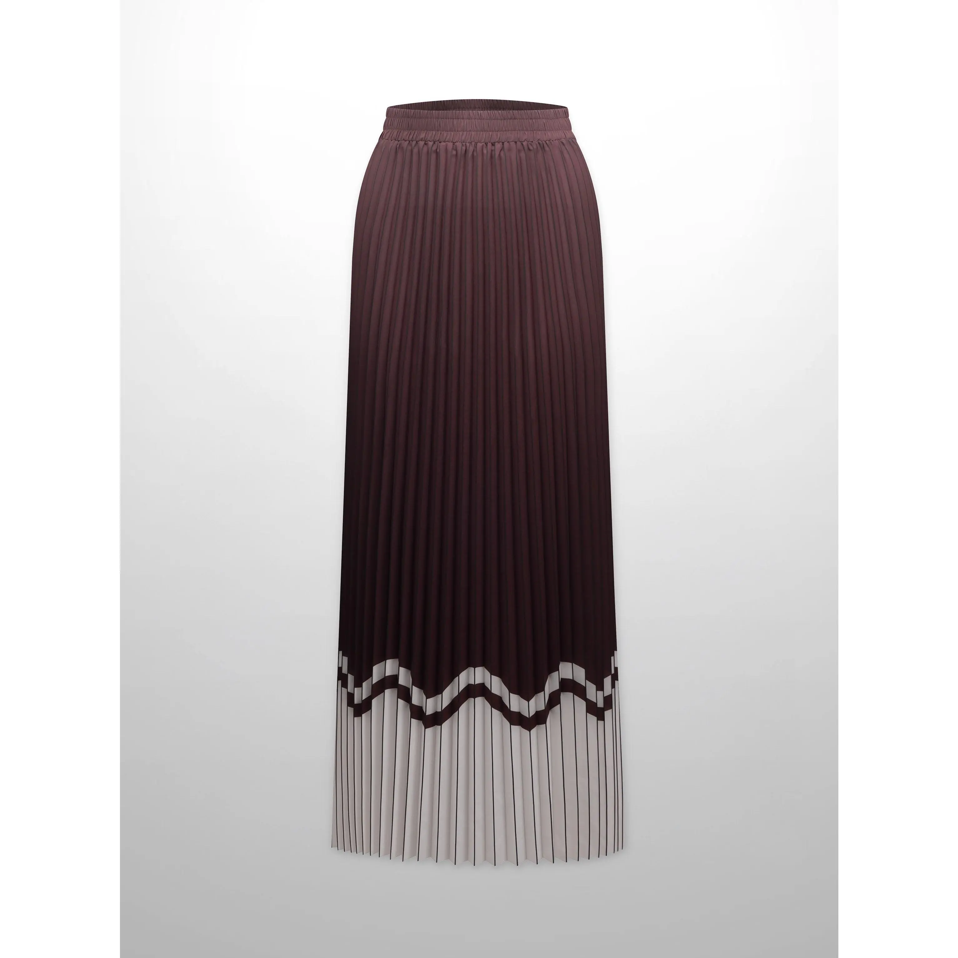 Elastic Waist Printed Pleated Skirt-Brown Chevron Border