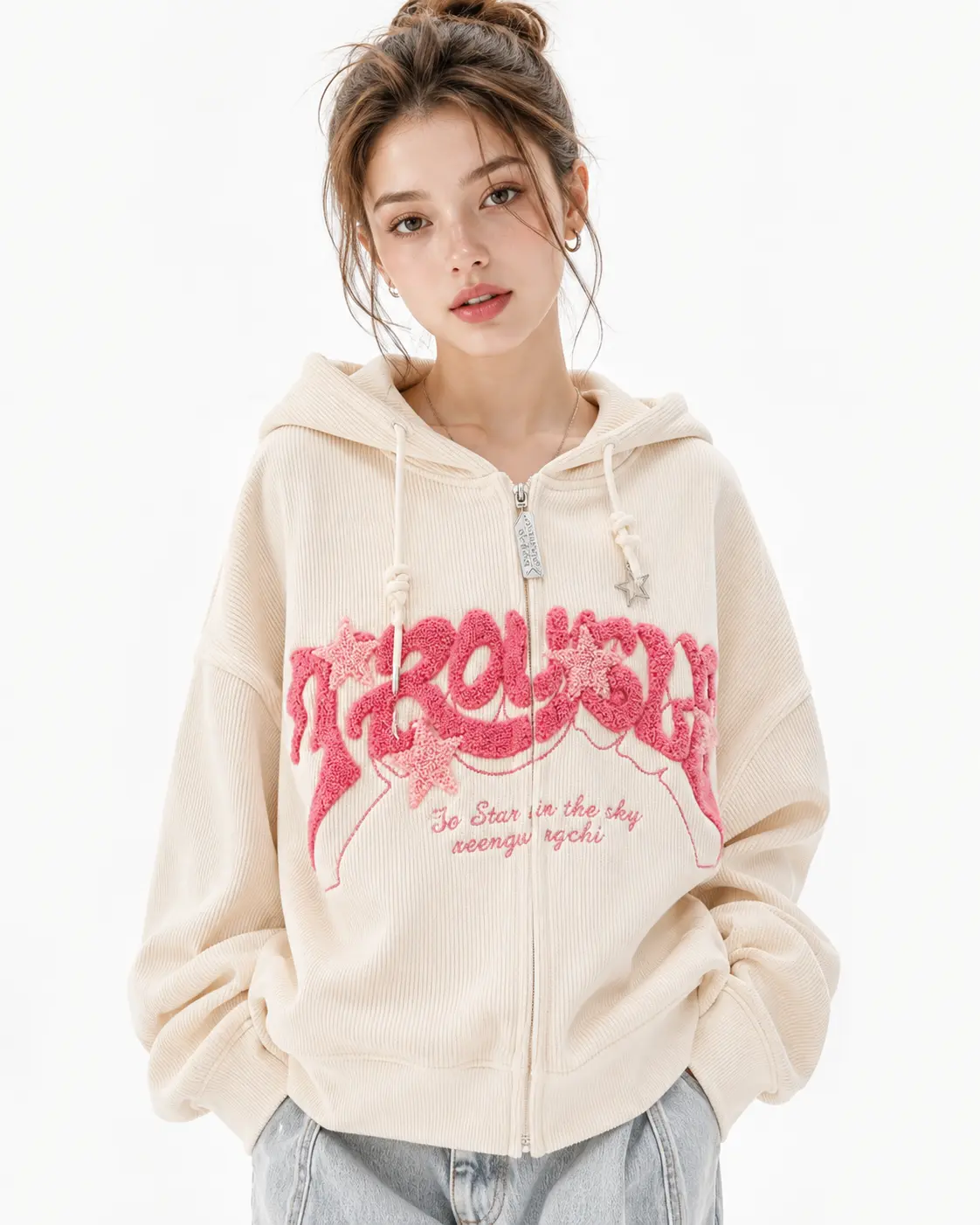 Y2k Hoodie, Star Zip Hoodie, Corduroy, OversizedStreetwear, Vintage Pattern, Sweatshirt, LooseJacket Flag Drop Shoulder Sweater varsity jacket Womenswear Tops