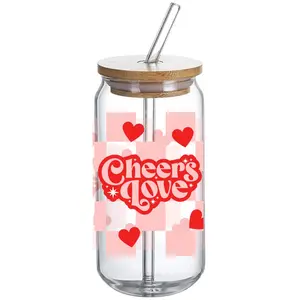 Cheers Love Checkered Pattern - Glass Tumbler with Bamboo Lid and Straw