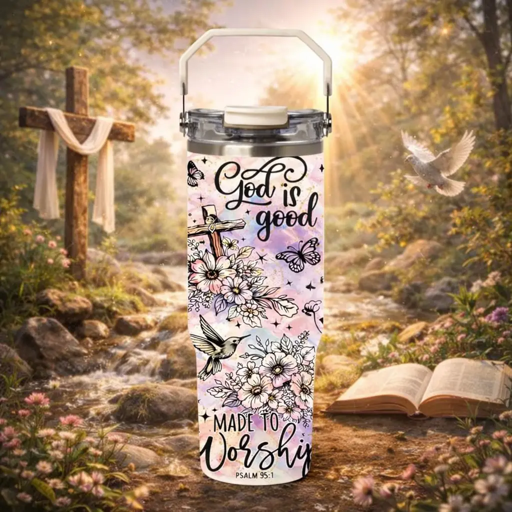 1 Pc 30oz insulated mug, double wall vacuum thermal mug, hard handle lid, leak proof, keeps hot 12 hours cold 24 hours, Christian faith design, cross, floral, bible verse, God is good, worship theme, religious gift for women mom, church gift, large tumble