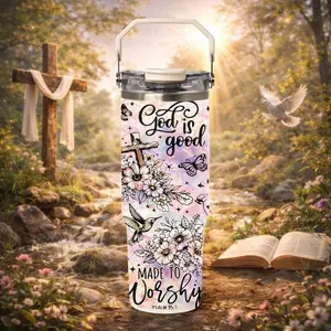 1 Pc 30oz insulated mug, double wall vacuum thermal mug, hard handle lid, leak proof, keeps hot 12 hours cold 24 hours, Christian faith design, cross, floral, bible verse, God is good, worship theme, religious gift for women mom, church gift, large tumble