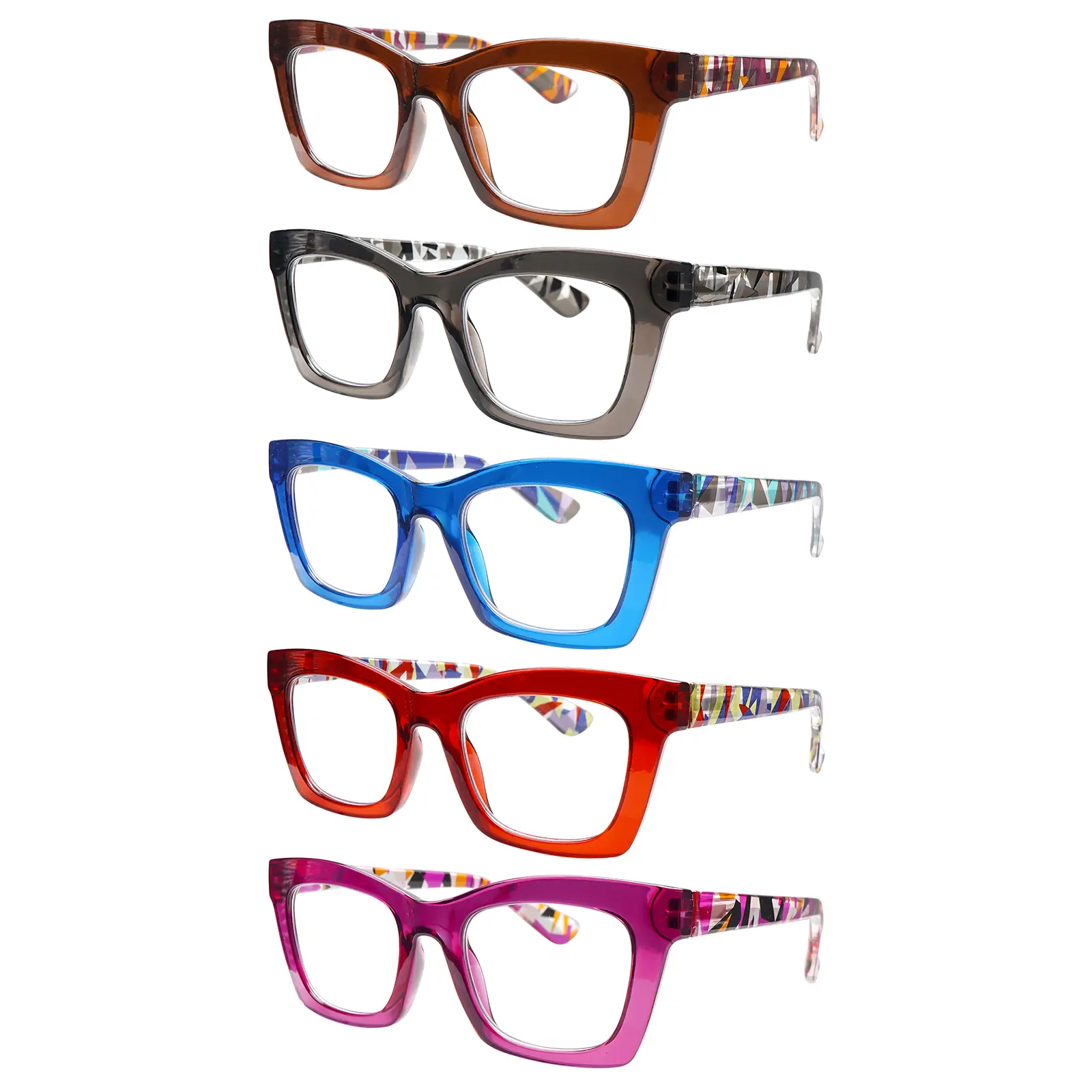 5-Packs Anti-Blue Light Glasses Feature a Wide Rectangular Frame with Sturdy Metal Hinges, blending European and American fashion styles. They make an ideal holiday or birthday gift for anyone who spends a lot of time in front of screens.