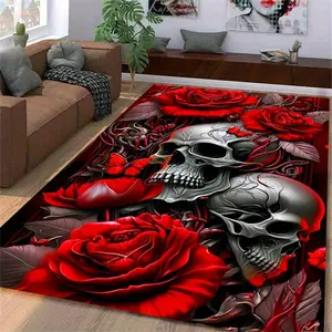 Skull Red Rose Rectangular Carpet Gothic Floral Butterfly Pattern Soft Decorative Area Rug Floor Mat for Living Room Bedroom Home Decor