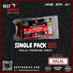 Halal Beef Jerky Single Pack BBQ by Beef Maniac | Natural Hardwood Smoked Premium Jerky Made in Michigan