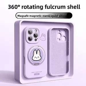 Cute Rabbit Liquid Silicone Case for iPhone 15/16/17 with Foldable Stand, Lanyard Included, Full Body Shockproof Protection, Luxury Couple Cover