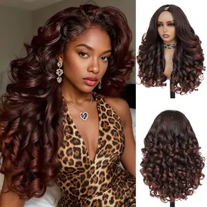 GKtineke V Part Wig, Body Wave Half Wigs for Women, Synthetic Yaki Hair, Glueless Wear and Go Wig with Bouncy Curls, Natural Black.