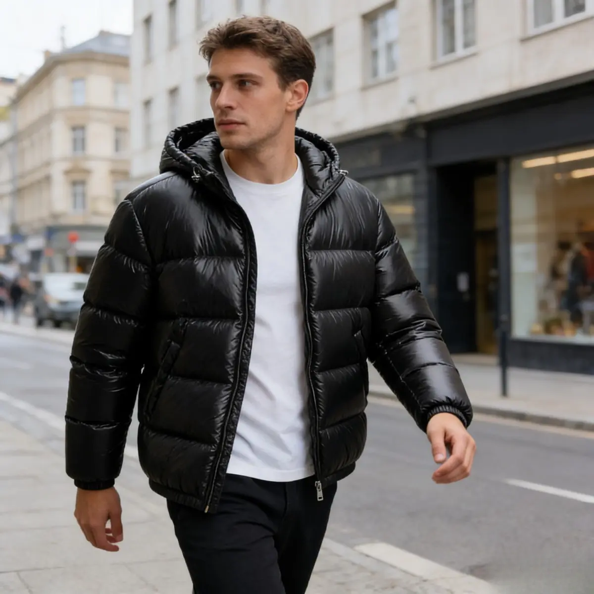 Men's Shiny Metallic Hooded Puffer Jacket - Basic Cotton Winter Coat with Longsleeves, Oversized Warm Fit, Decoration Accents, Quality Fabric & Sturdy Hem (Multi Colors), Christmas, Chain