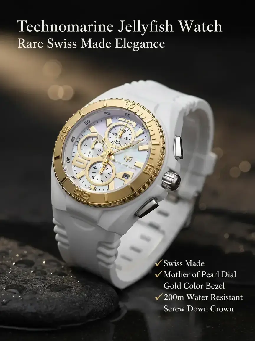 Invicta Swiss Made Lady’s TechnoMarine Cruise JellyFish 40mm Rare Watch - Genuine Mother of Pearl Chronograph Dial, Gold Engraved Bezel, White Gel Silicone Strap, Screw Down Crown, 200m Water Resistant, Long Discontinued Collector’s Luxury Gift